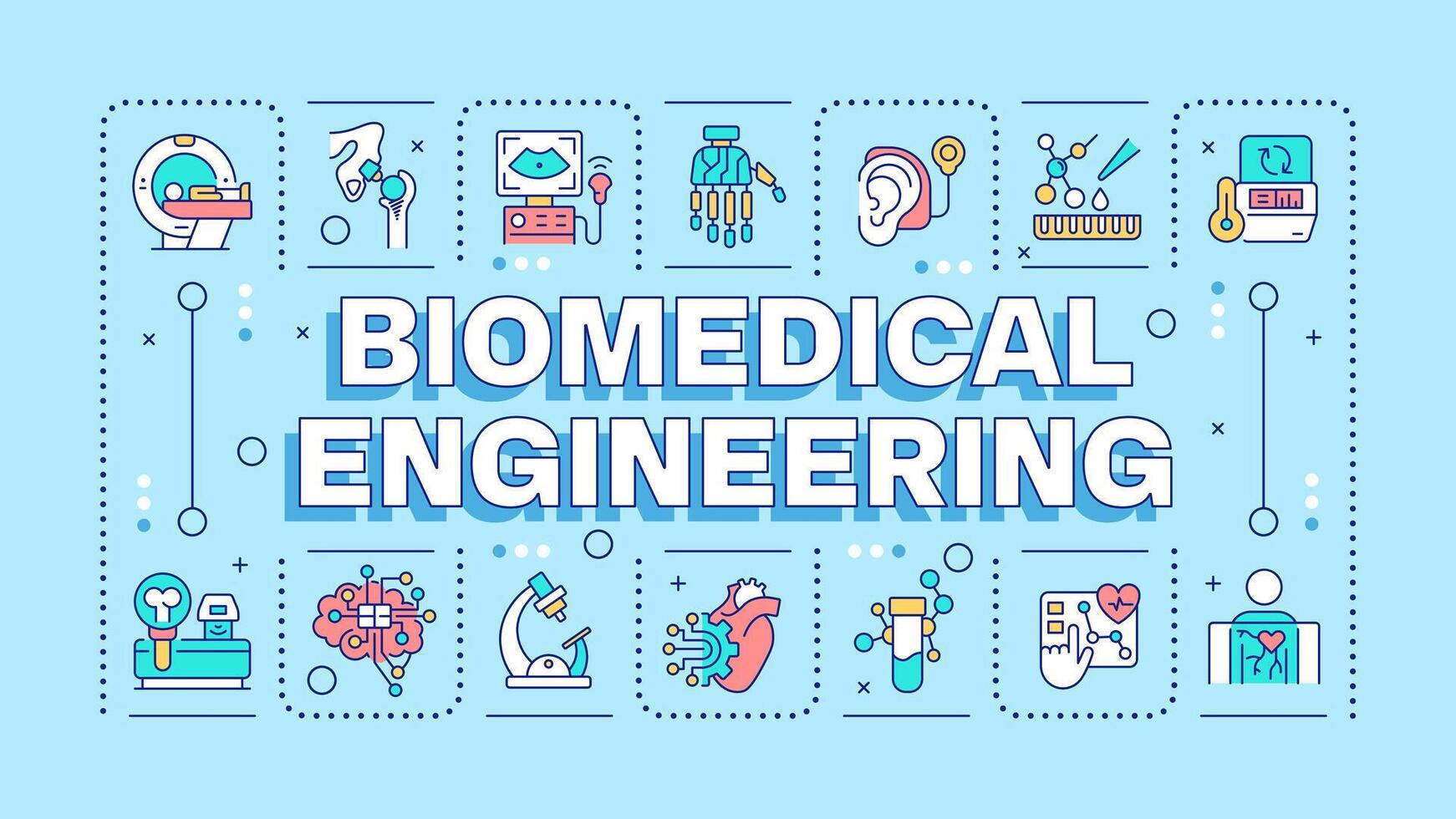 Biomedical engineering light blue word concept. Medical technologies. Biotechnology. Typography banner. Illustrationwith title text, editable icons color vector