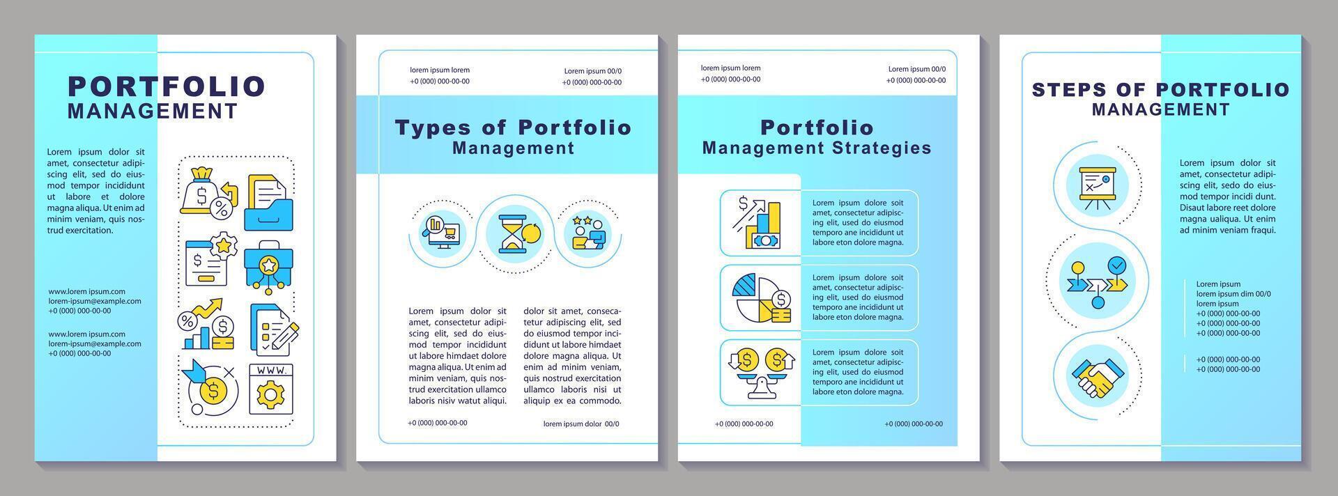 Portfolio management types brochure template. Leaflet design with linear icons. Editable 4 layouts for presentation, annual reports vector