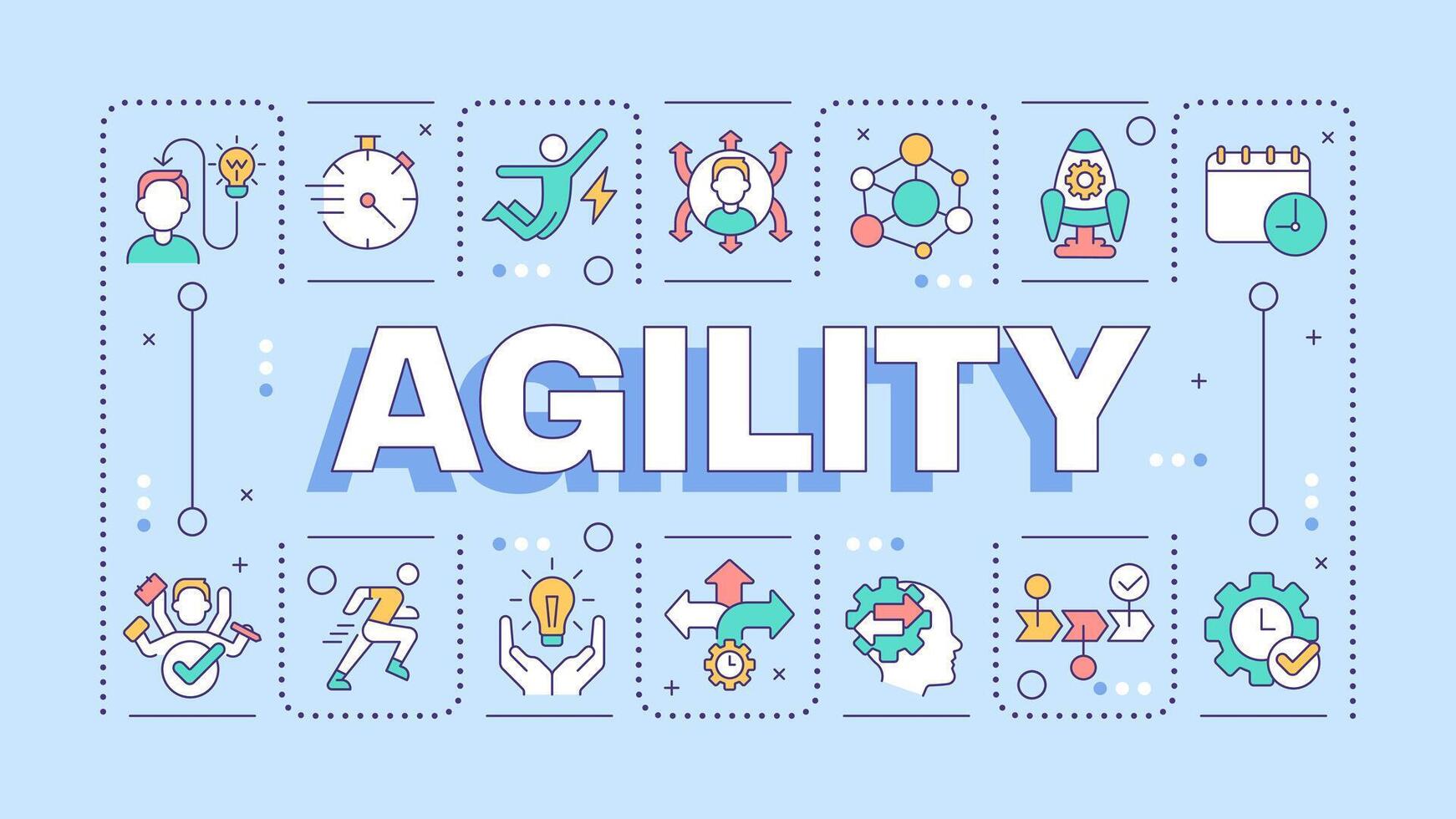 Agility light blue word concept. Business methodology. Project management. Process improvement. Typography banner. Illustrationwith title text, editable icons color vector