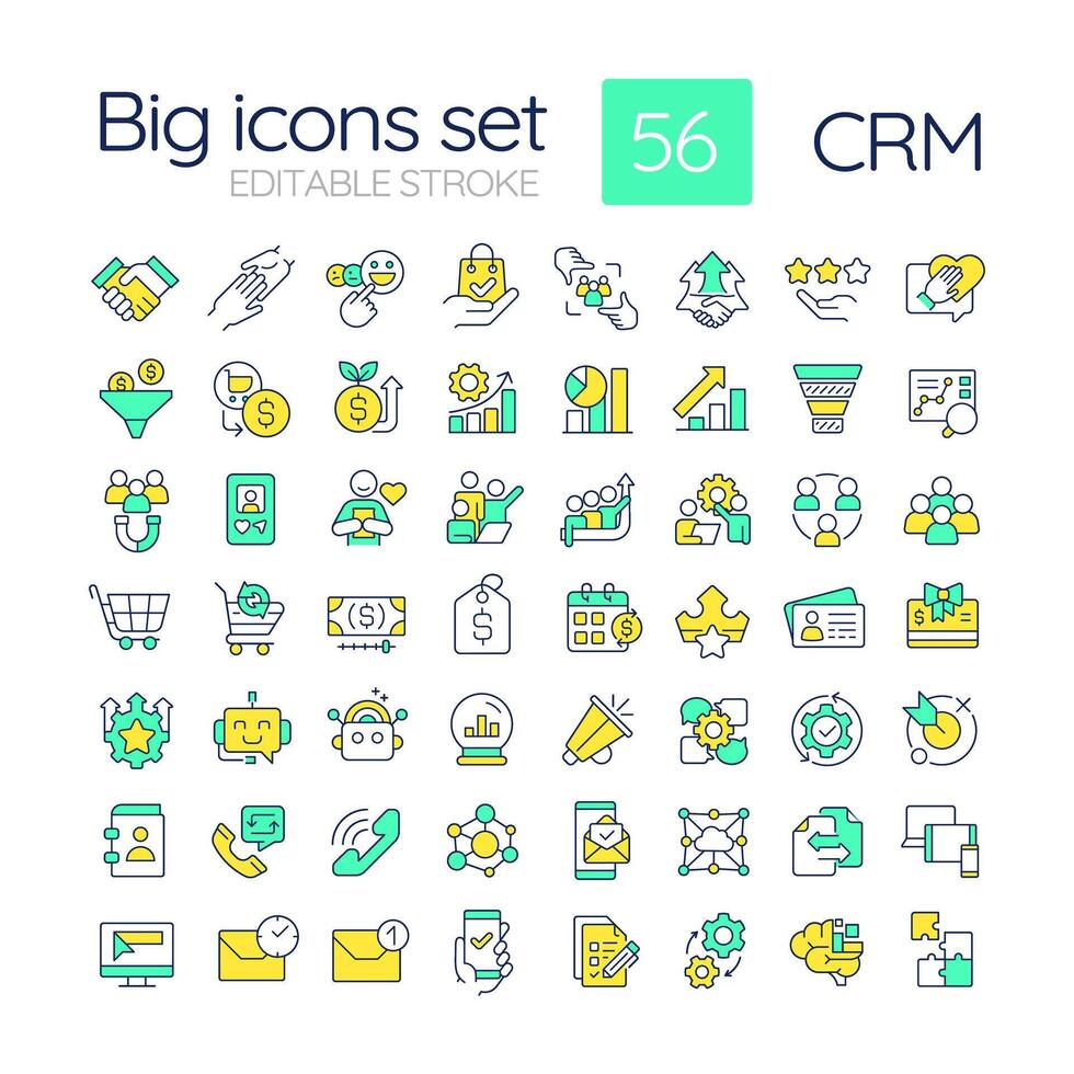 CRM RGB color icons set. Customer satisfaction management. Social marketing, sales forecasting. Isolated illustrations. Simple filled line drawings collection. Editable stroke vector