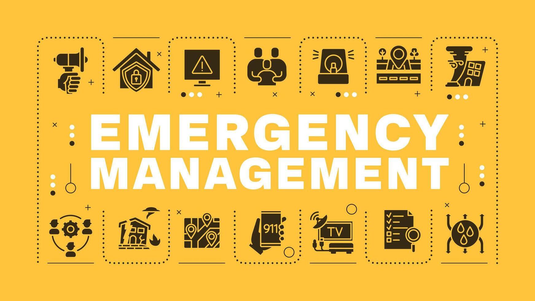 Emergency management yellow word concept. Fire detection systems. Home security, disaster. Visual communication. Artwith lettering text, editable glyph icons vector