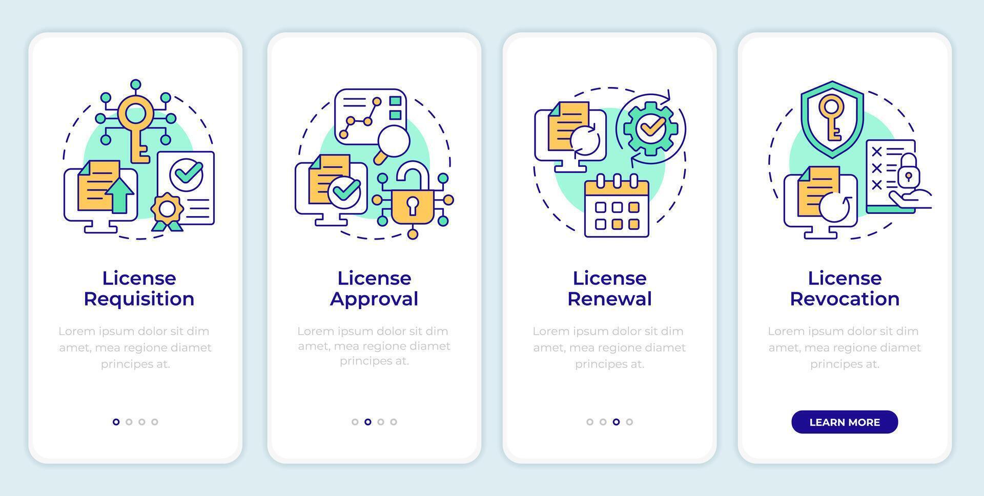 Process of software licensing onboarding mobile app screen. Walkthrough 4 steps editable graphic instructions with linear concepts. UI, UX, GUI template vector