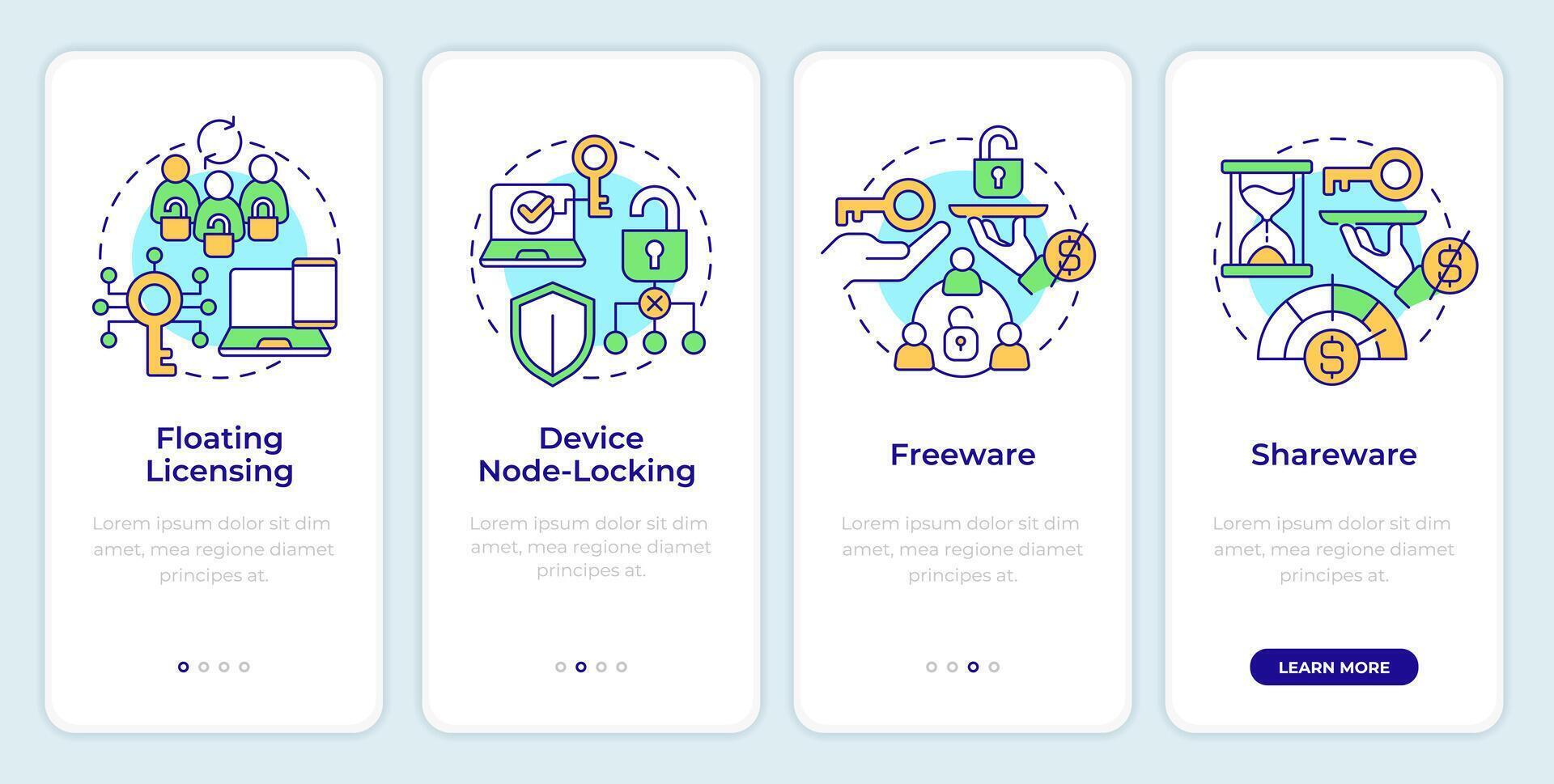 Distribution models onboarding mobile app screen. Walkthrough 4 steps editable graphic instructions with linear concepts. UI, UX, GUI template vector
