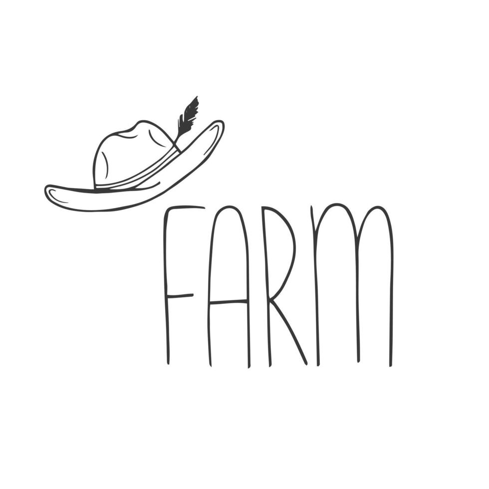 Doodle Farm word lettering with hat isolated on white. vector