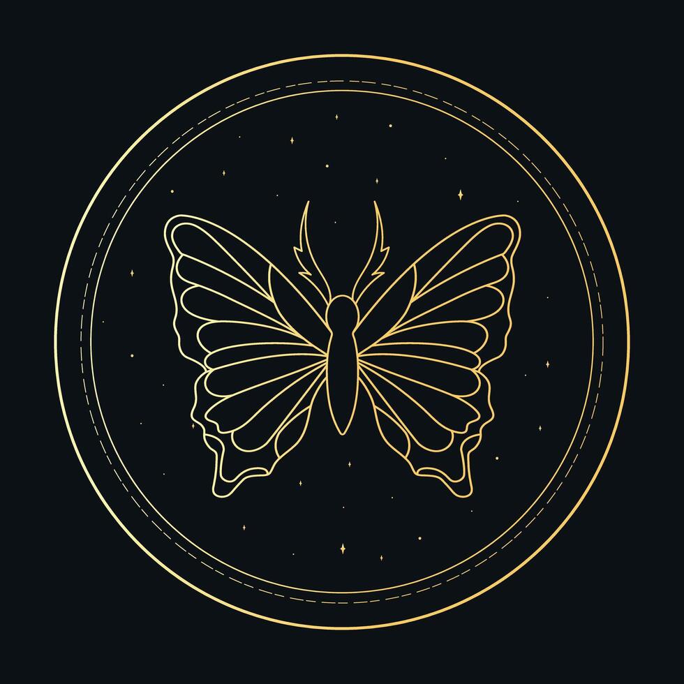 Celestial golden emblem with a butterfly outline in a circle. Space magical art. illustration vector