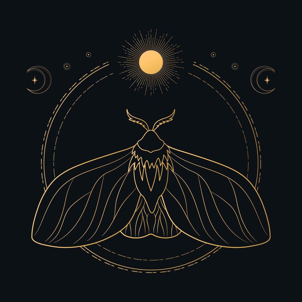 Celestial background with golden moth, sun and crescent moon. Magical, mystical concept. illustration vector