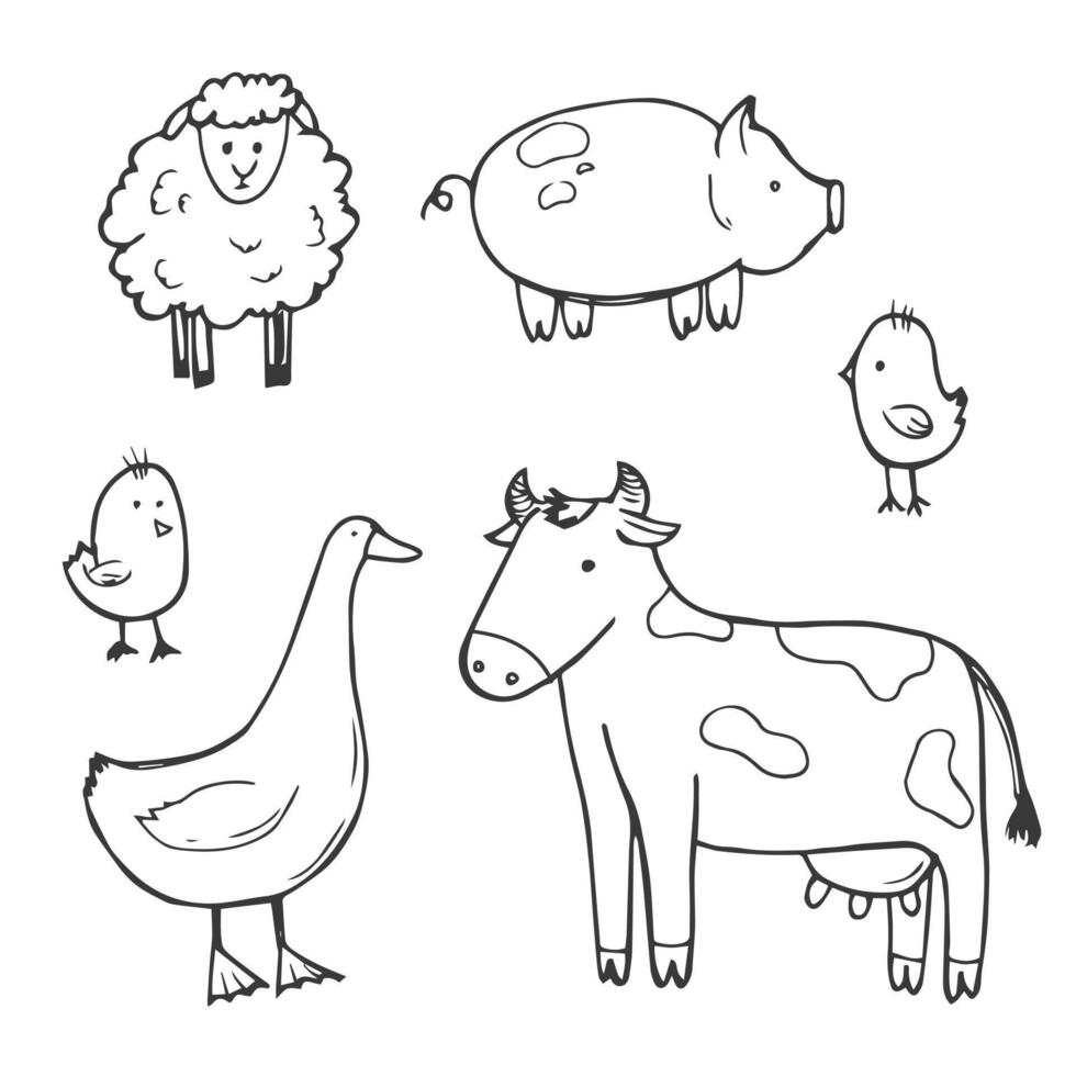 farm animals doodle illustrations sketch set vector