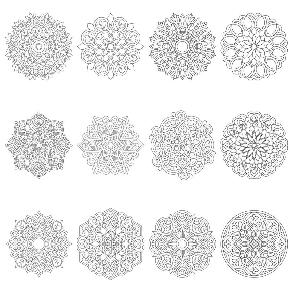 12 Set Flower Creativity Mandala For colouring Book Page File vector