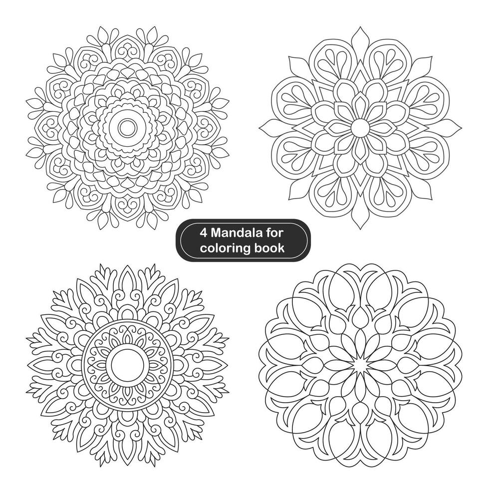 4 Set Flower Creativity Mandala Design For colouring Book Page vector