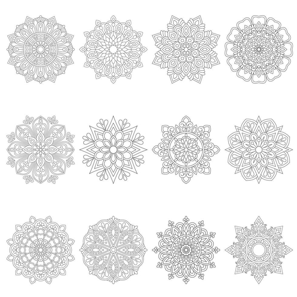 12 Set Easy Mindfulness Mandala For colouring Book Page File vector