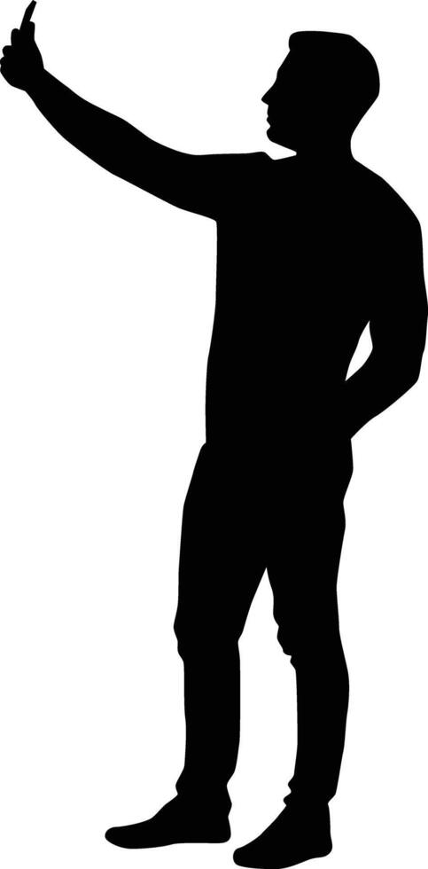 Men taking selfie silhouette illustration. Adult self photo pose. People selfie full body in black color. vector