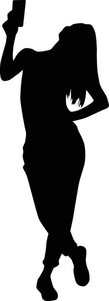 Women taking selfie silhouette illustration. Adult self photo pose. People selfie full body in black color. vector