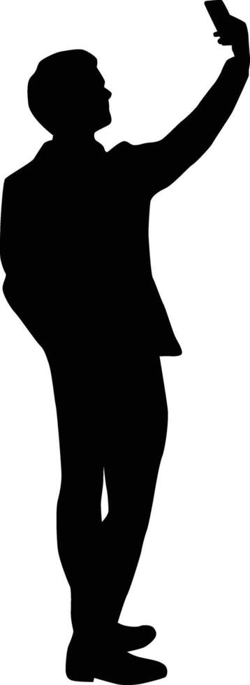 Men taking selfie silhouette illustration. Adult self photo pose. People selfie full body in black color. vector