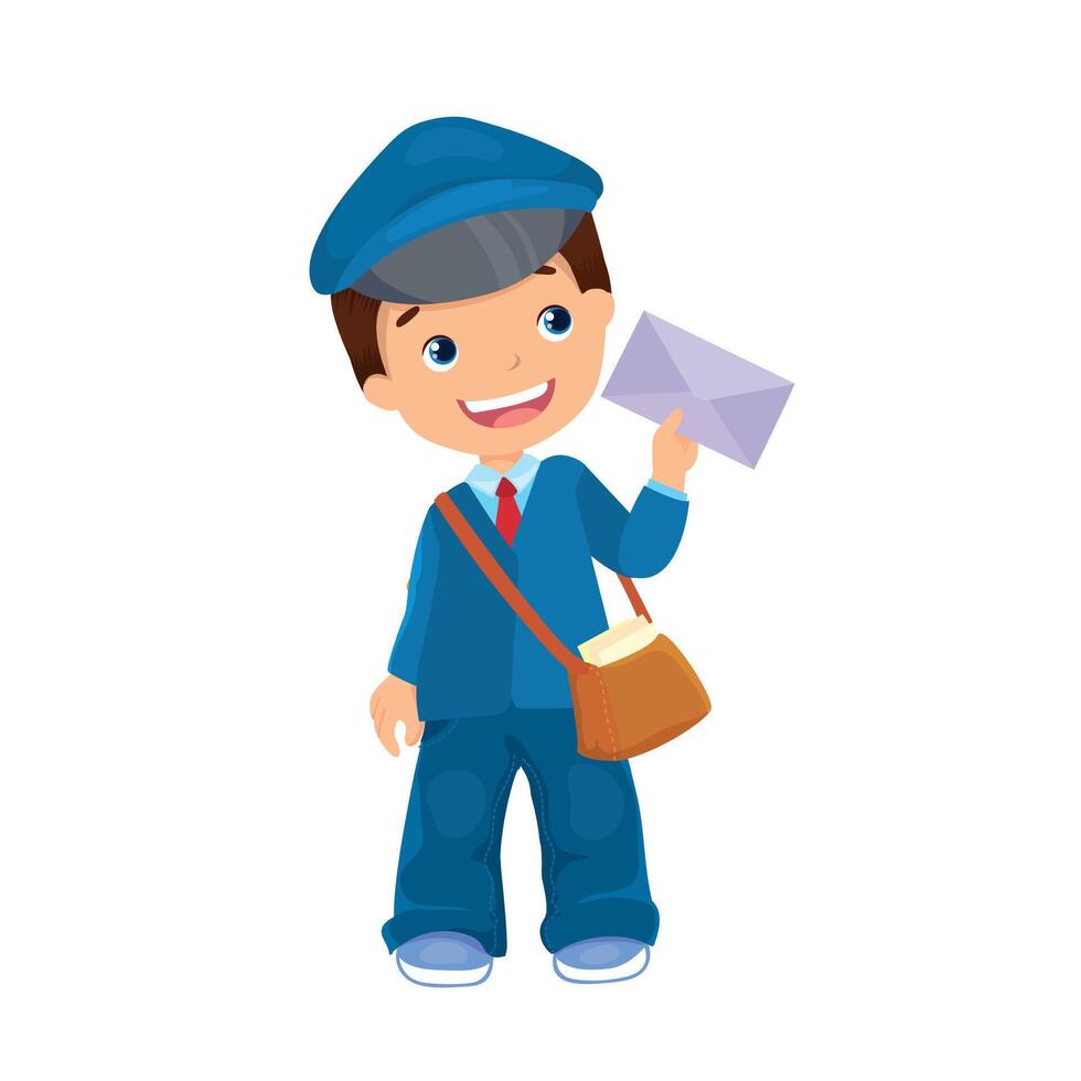 Boy postman in blue uniform holds letter vector