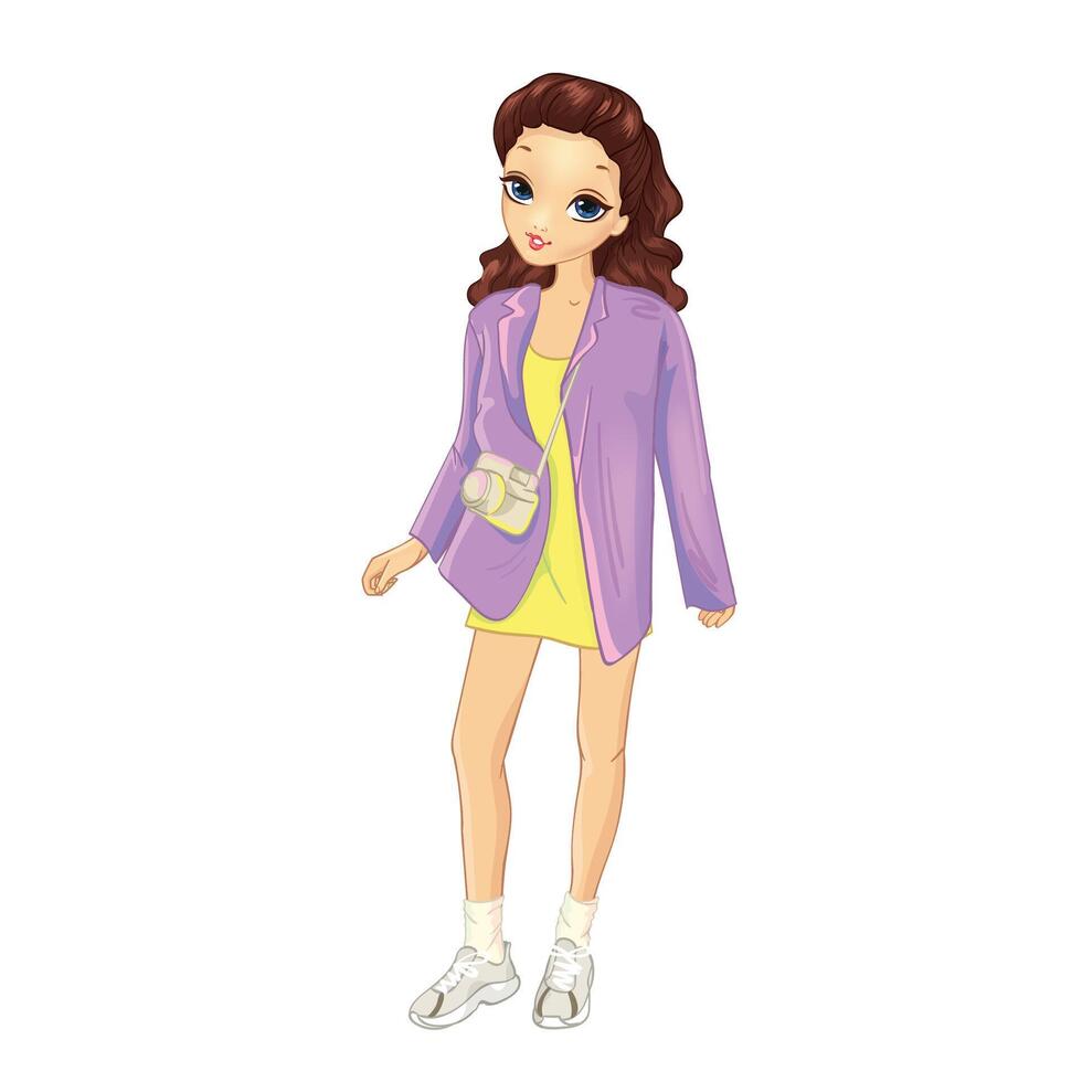 Girl in yellow dress and large jacket vector