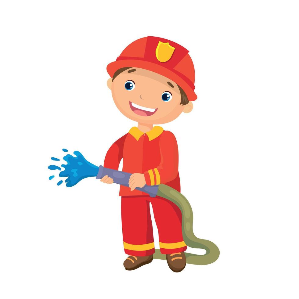 Boy fireman in red uniform pours water vector