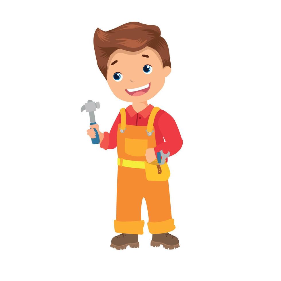 Boy builder in yellow overalls holding hammer vector