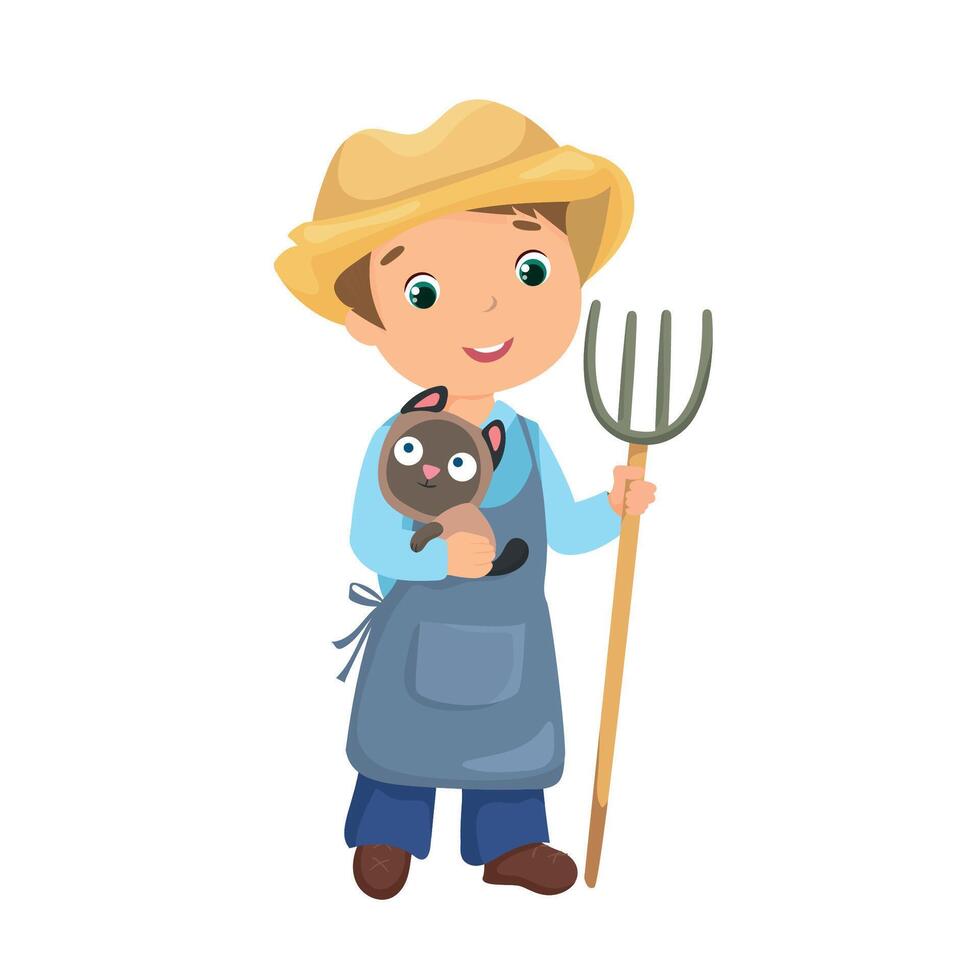 Farmer in hat holding cat and pitchfork vector