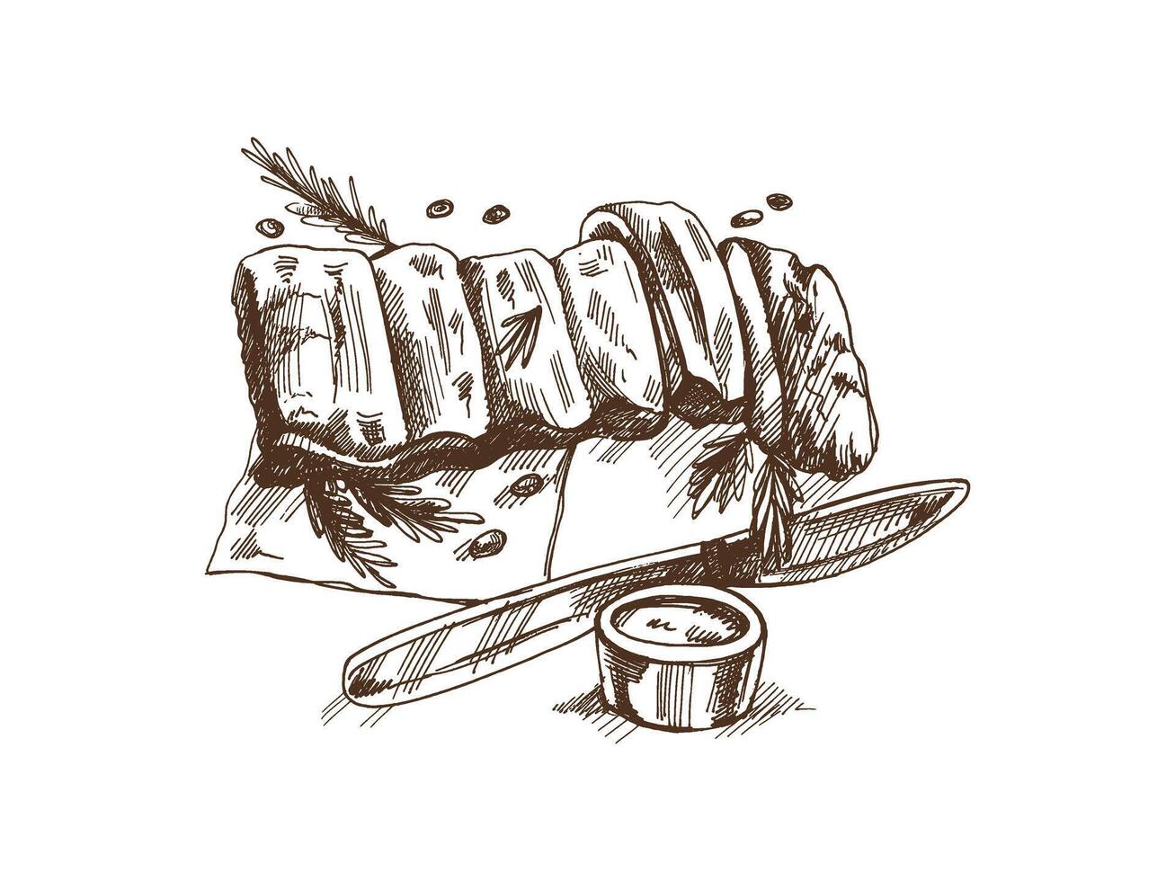Hand-drawn monochrome sketch of barbecue ribs. Doodle vintage illustration. Decorations for the menu of cafes and labels. Engraved image. vector