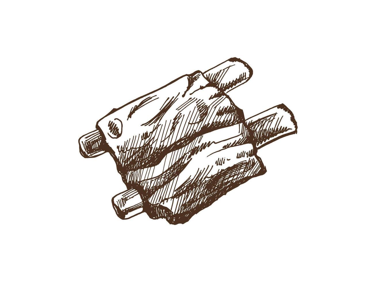 Hand-drawn monochrome sketch of barbecue ribs. Doodle vintage illustration. Decorations for the menu of cafes and labels. Engraved image. vector