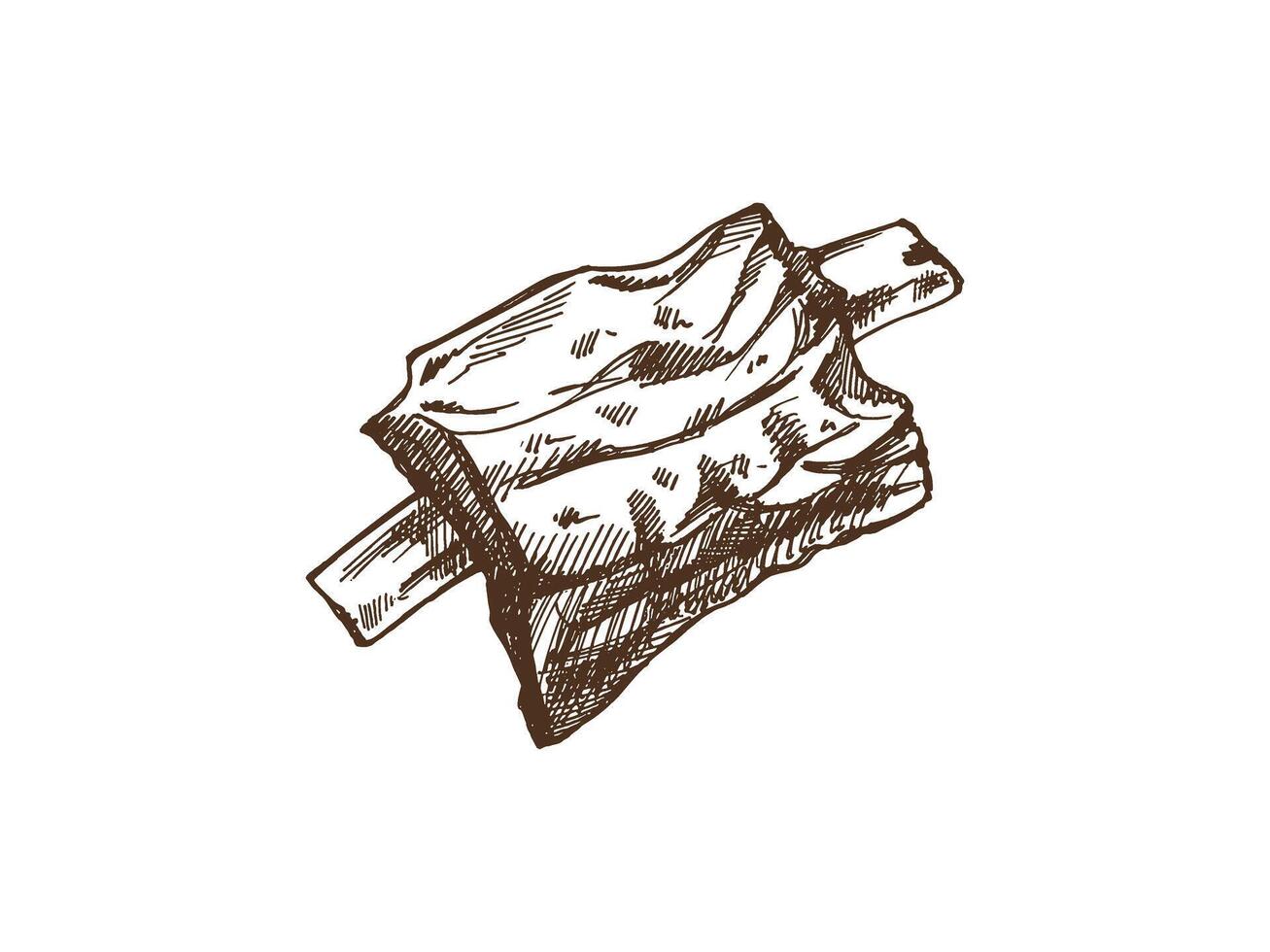 Hand-drawn monochrome sketch of barbecue ribs. Doodle vintage illustration. Decorations for the menu of cafes and labels. Engraved image. vector