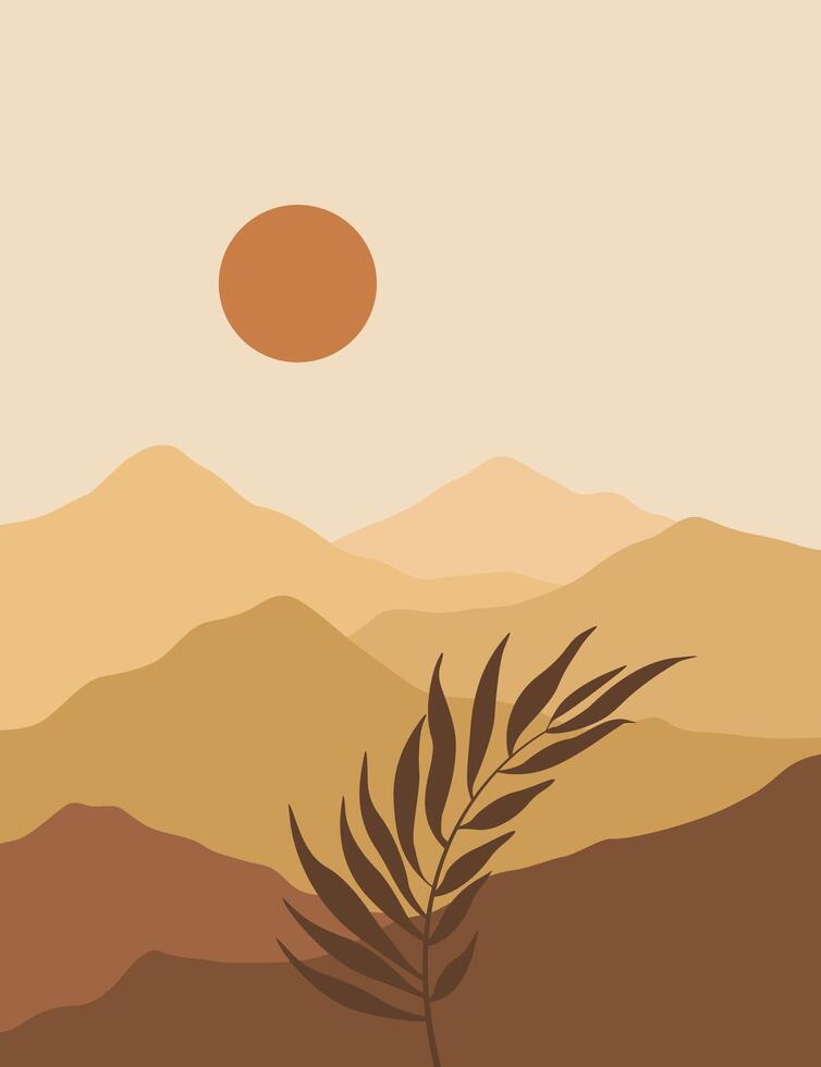 landscape background.wall art . Foliage line art drawing with abstract shape. vector