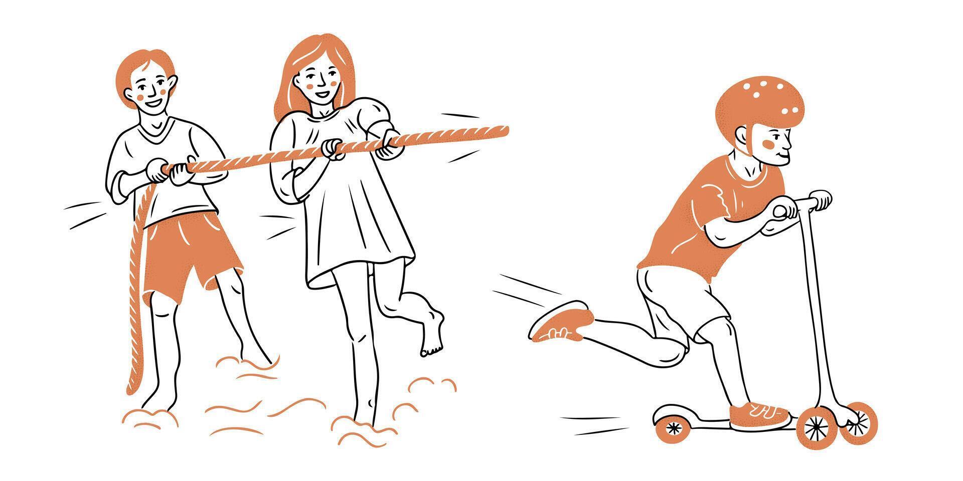 Set of doodle outline illustrations of happy playing children. Riding scooter, playing on beach. flat sketchy contour drawings isolated on white background vector