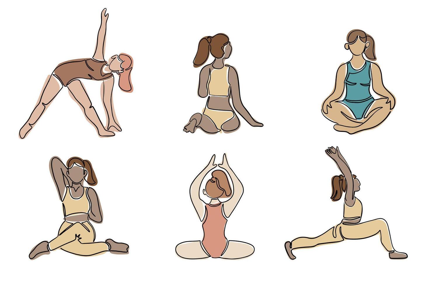 Diverse women in yoga poses collection. Boho style. Contour composition isolated on white background. Hand drawn single line icons of female body doing yoga exercises vector