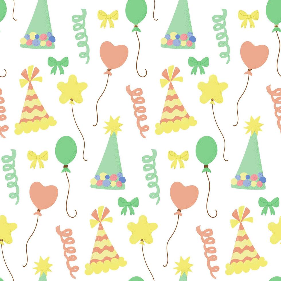 Seamless patter with birthday bonnets, balloons and serpentine in pastel colors vector