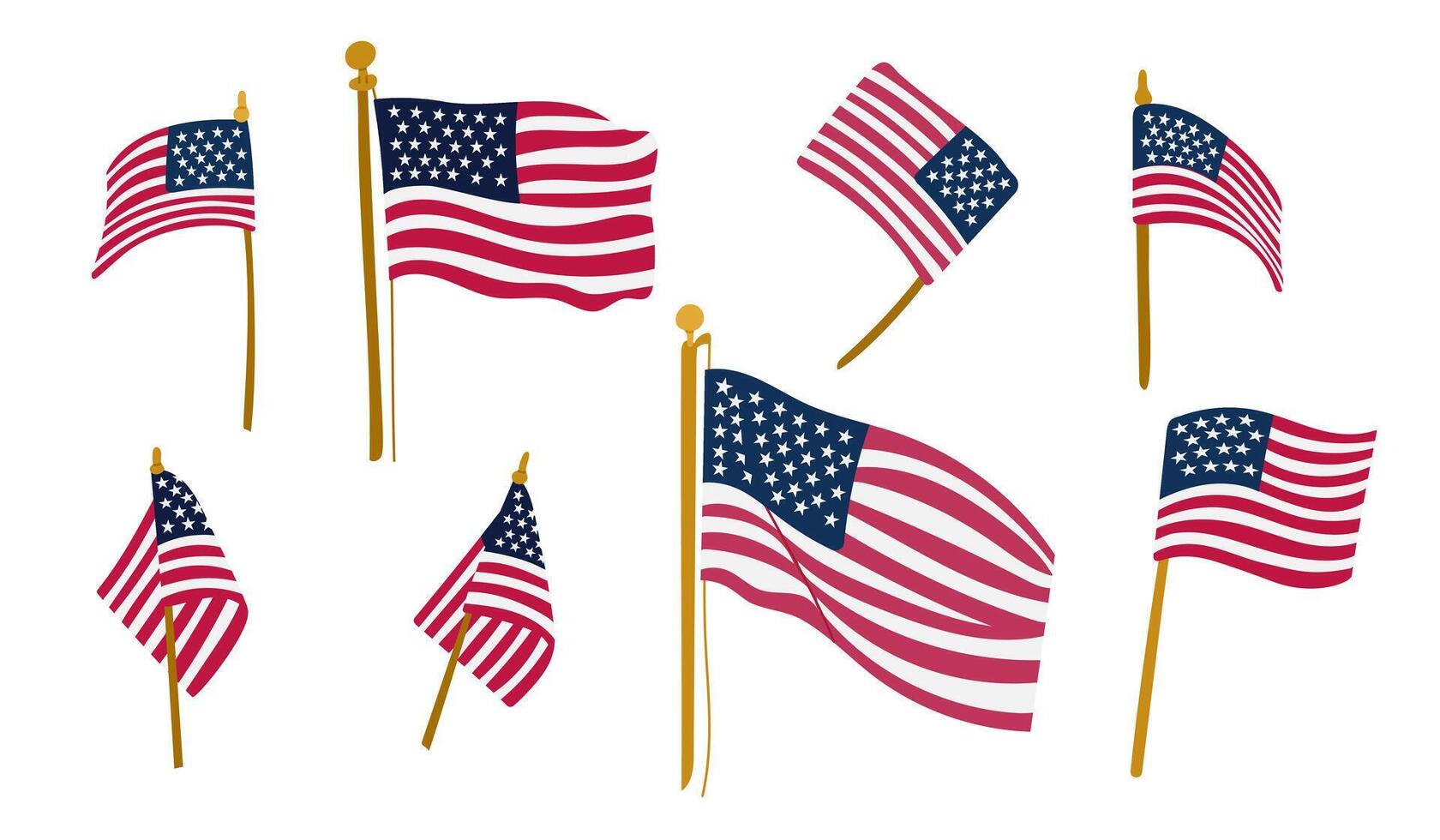 USA flag fluttering on wind flat set. illustration of national American flags in different positions. Perfect for decoration on Independence, Patriot, Veterans Days vector