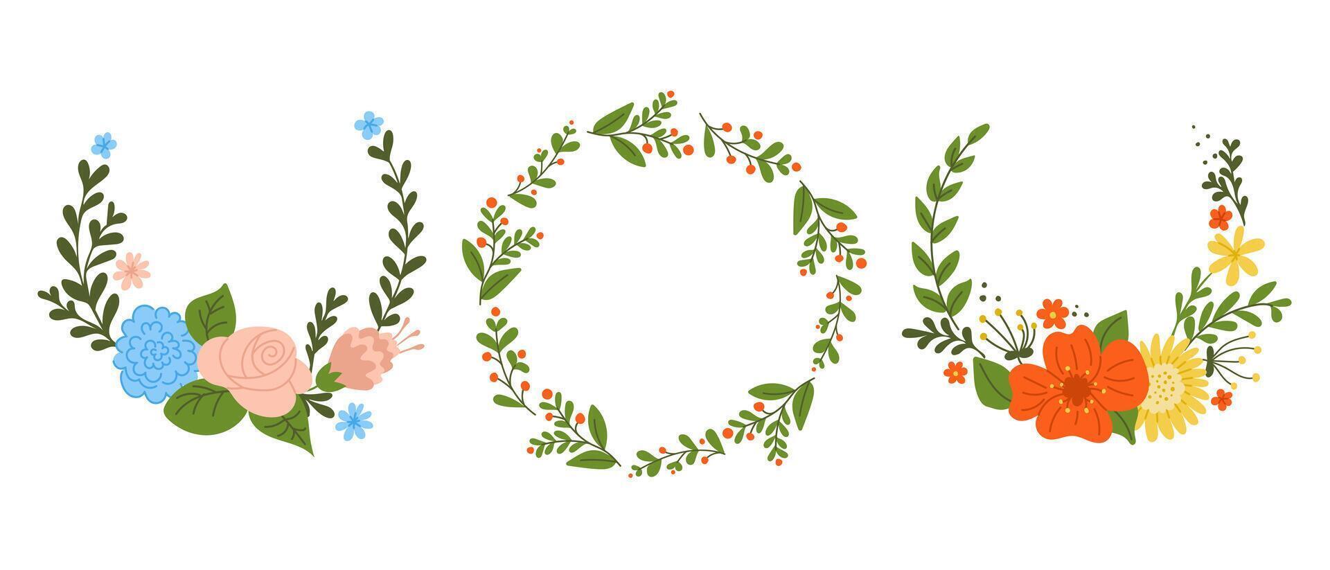 Flat hand drawn floral wreaths set for templates vector