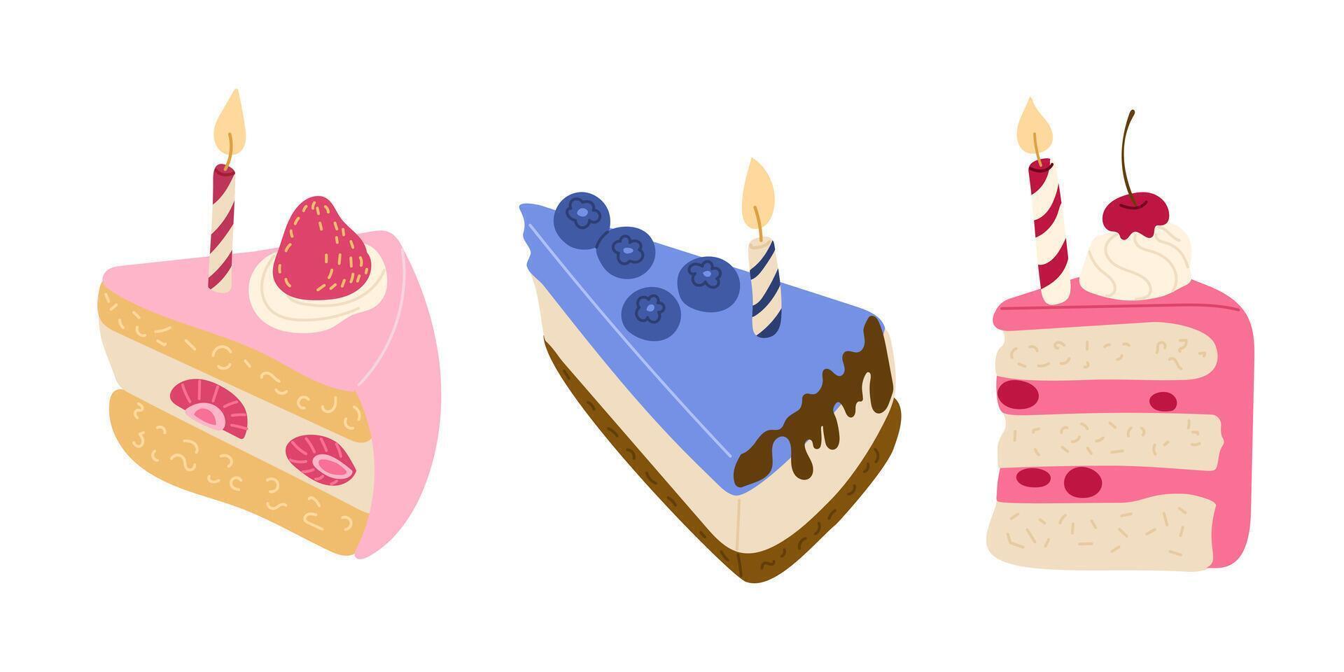 Pieces of tasty birthday cakes with blueberries, strawberries, cherry and burning candle in flat style. flat holiday illustrations isolated on white background vector