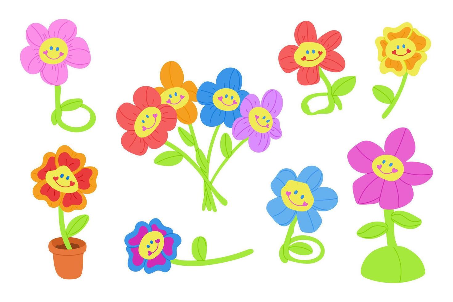 Retro set of 2000s artificial flowers. flat illustration of soft toys in neon colors from 2yk isolated on white background. Perfect for decoration, stickers and logo vector