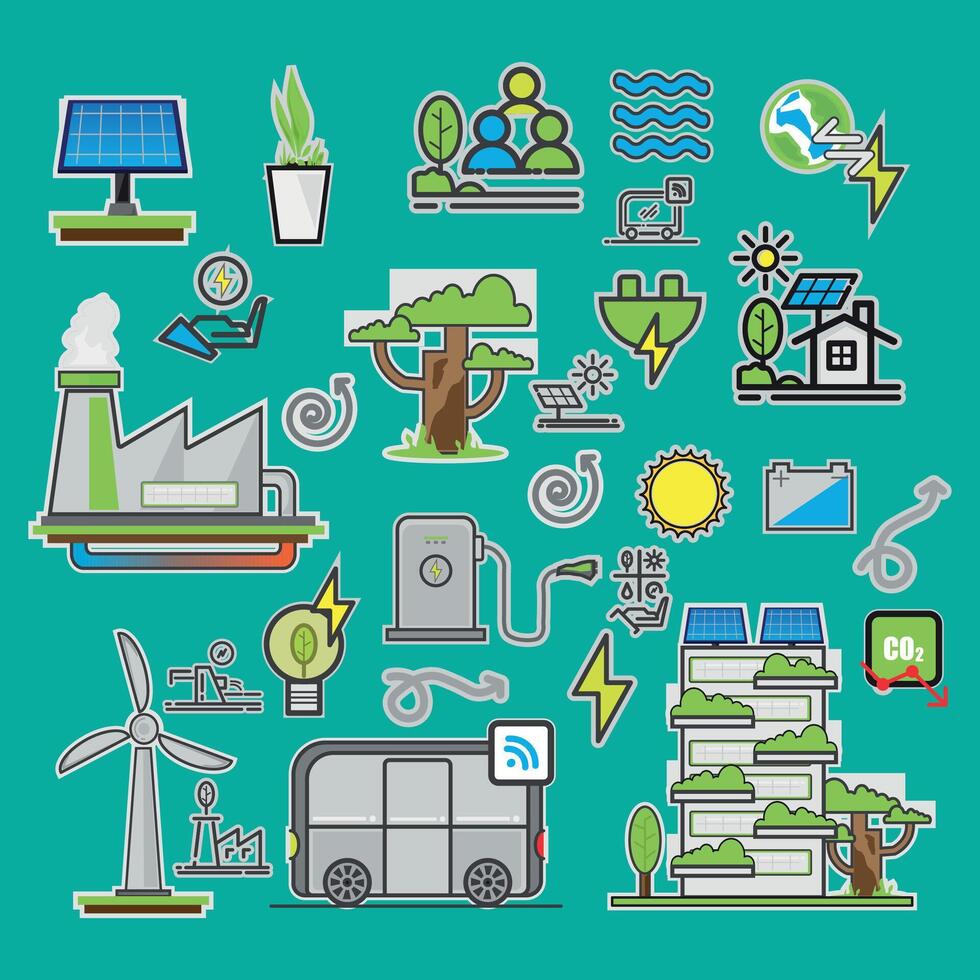 Renewable Energy, Eco Energy, electric vehicle, Green Industries Stickers set vector