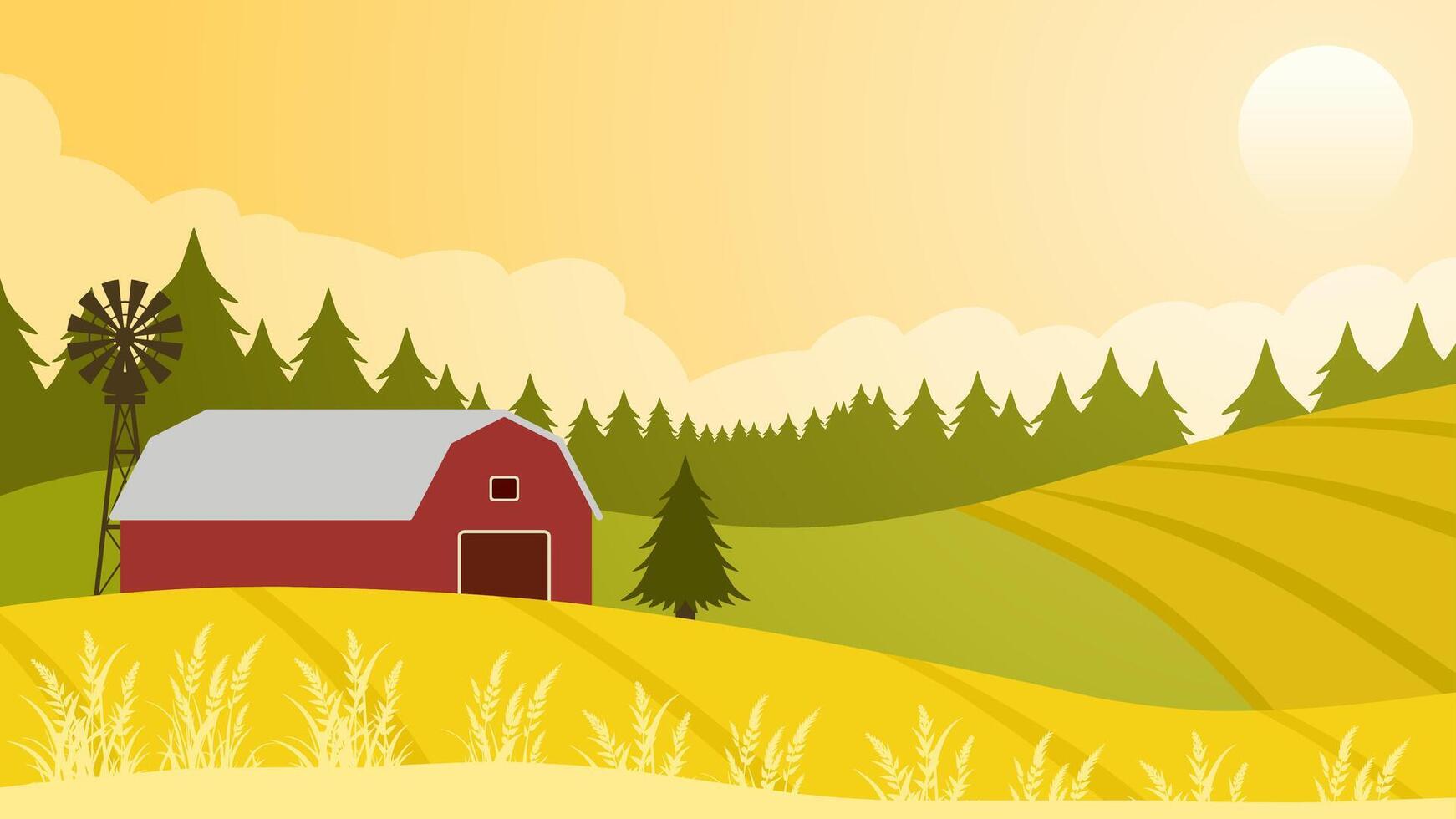 Landscape illustration of wheat field farm in the countryside vector
