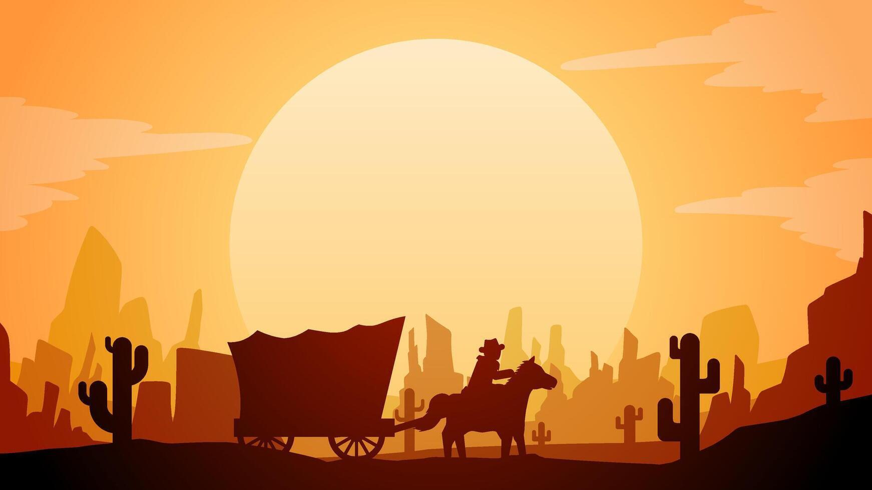 Landscape illustration of wild west desert with cowboy and carriage vector
