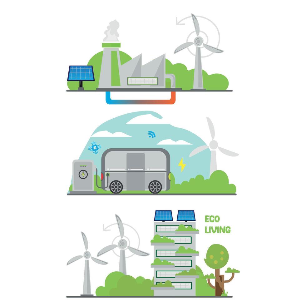 Renewable Energy, Eco Energy, electric vehicle, Green Industries flat Illustrations set vector