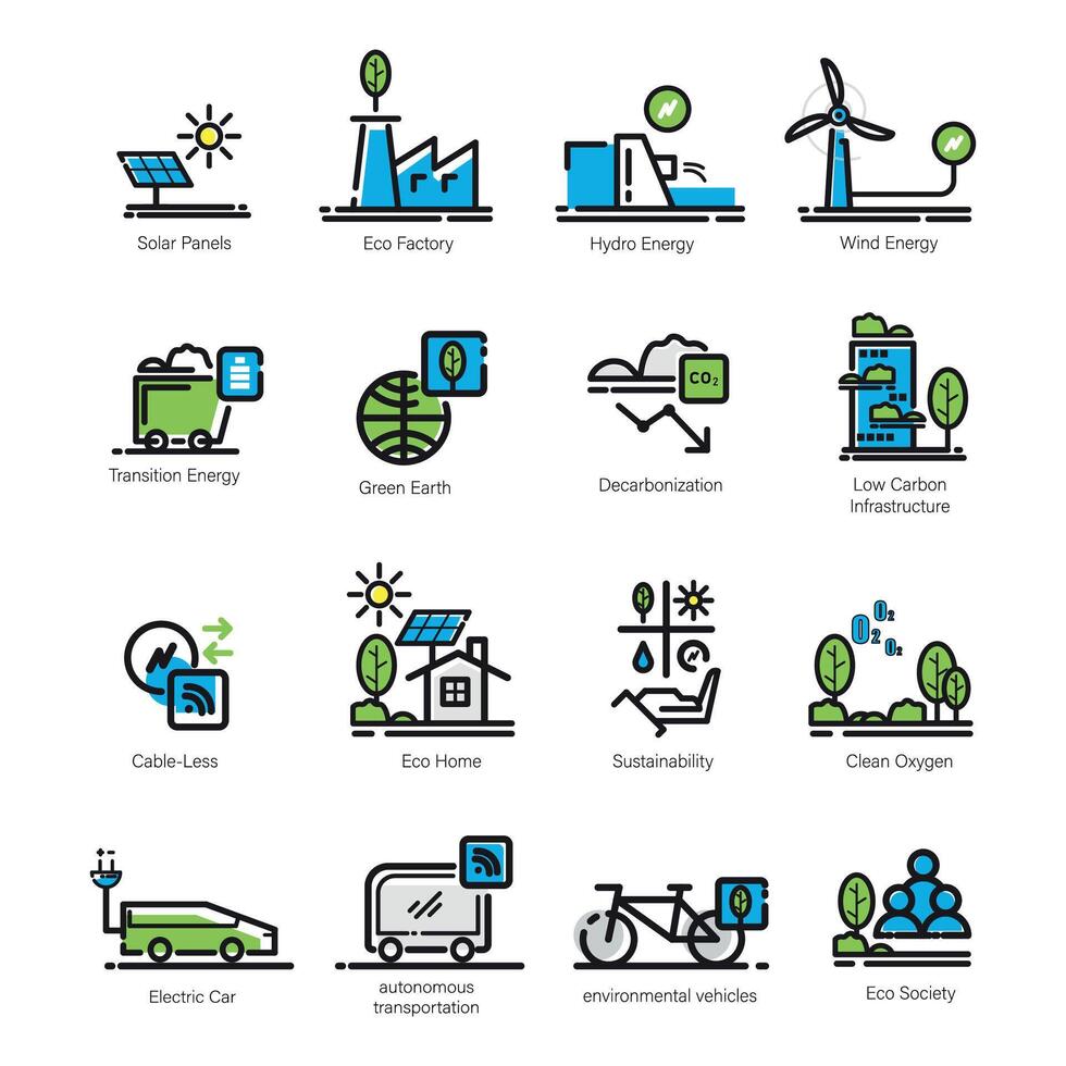 Renewable Energy, Eco Energy outline Color collection Icon Set vector