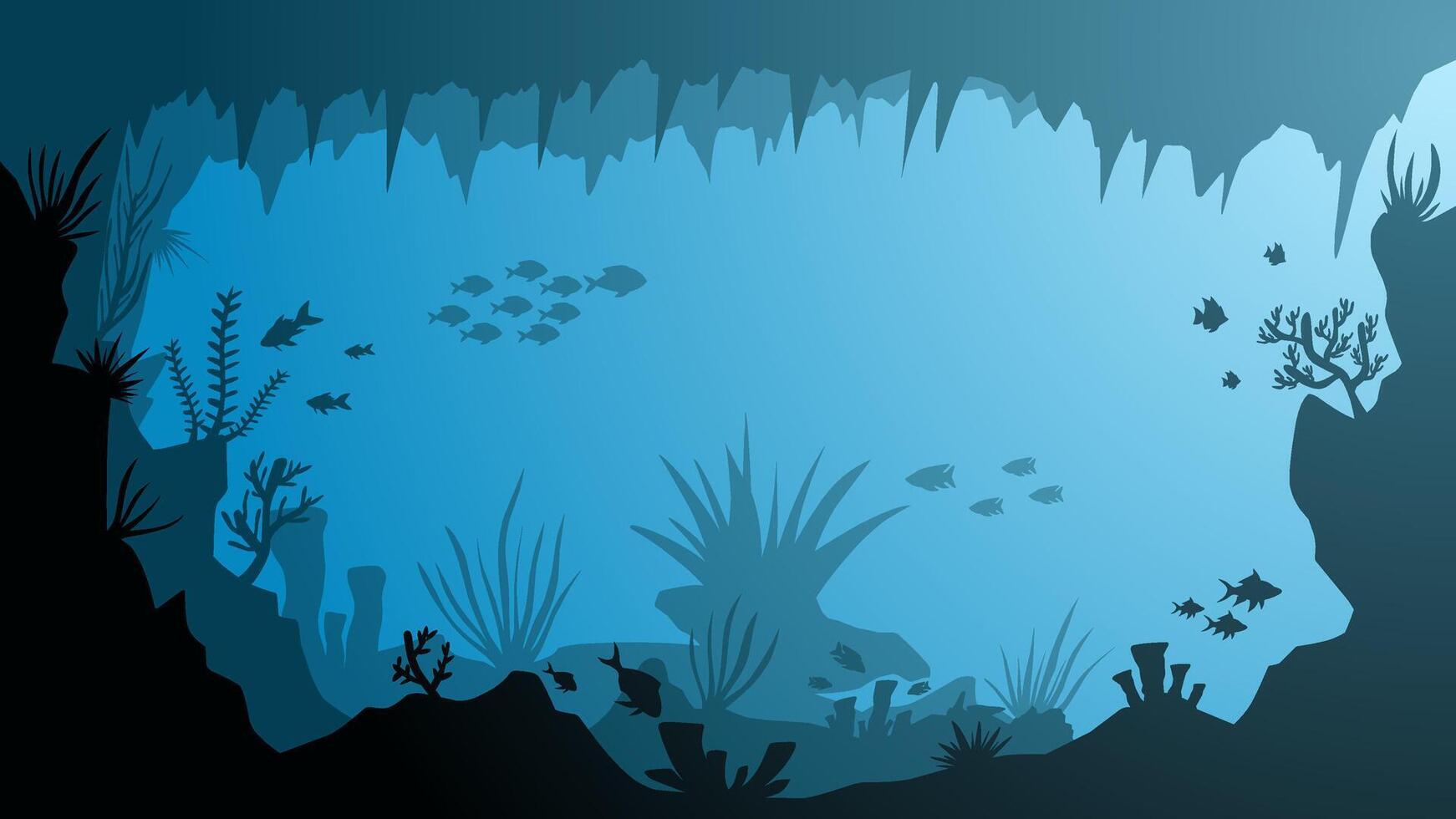 Landscape illustration of underwater cave with coral reefs and fishes vector