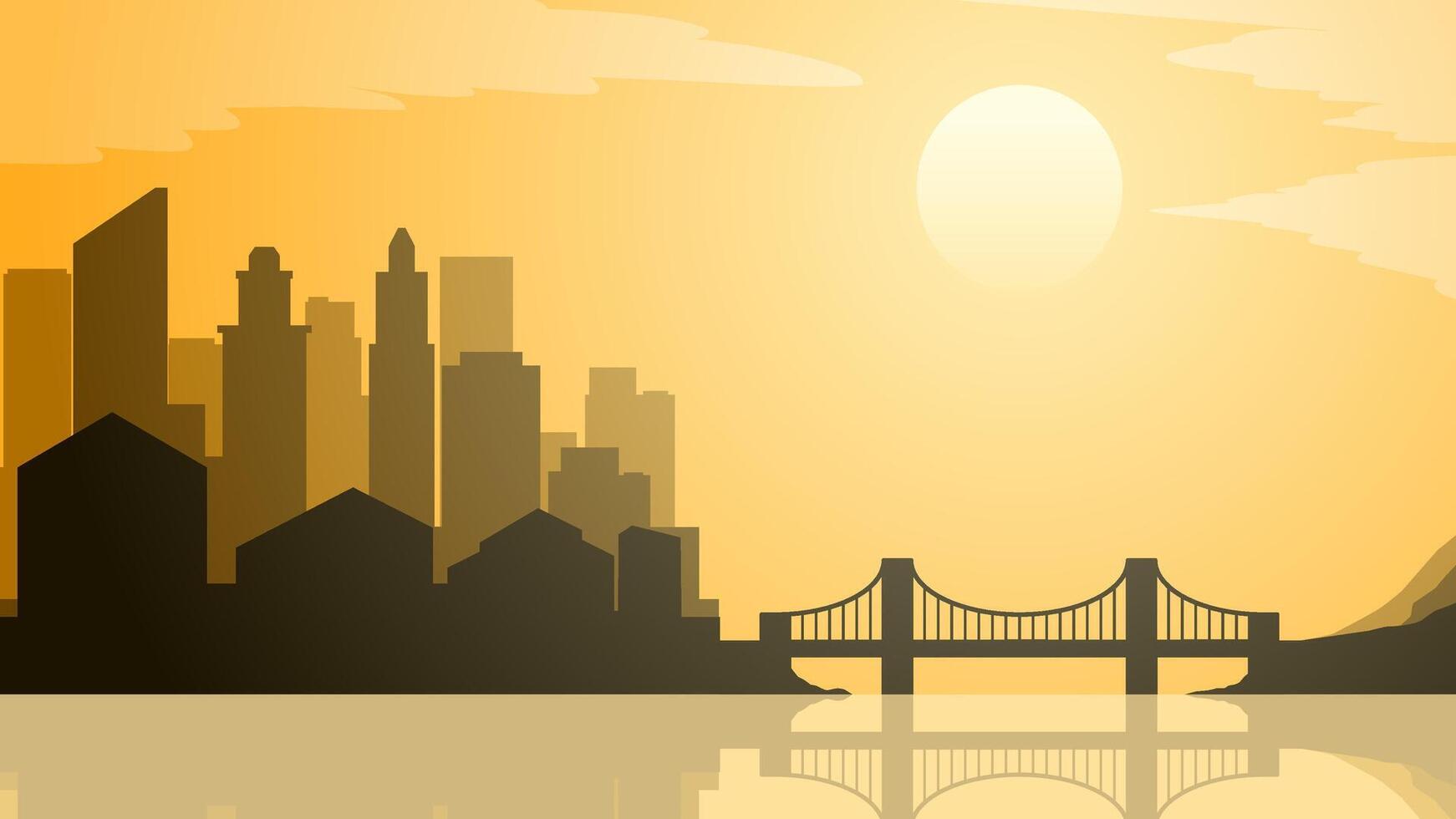 Cityscape illustration of bridge and buildings with water reflection vector