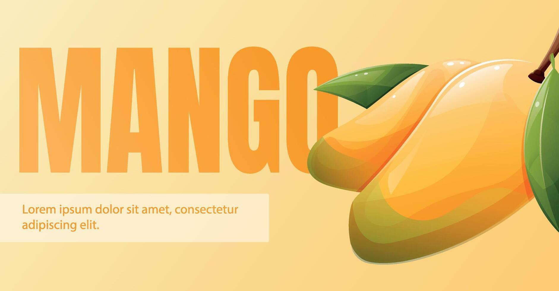 advertising flyer template with cartoon mango . Tropical fruit exotic banner. vector