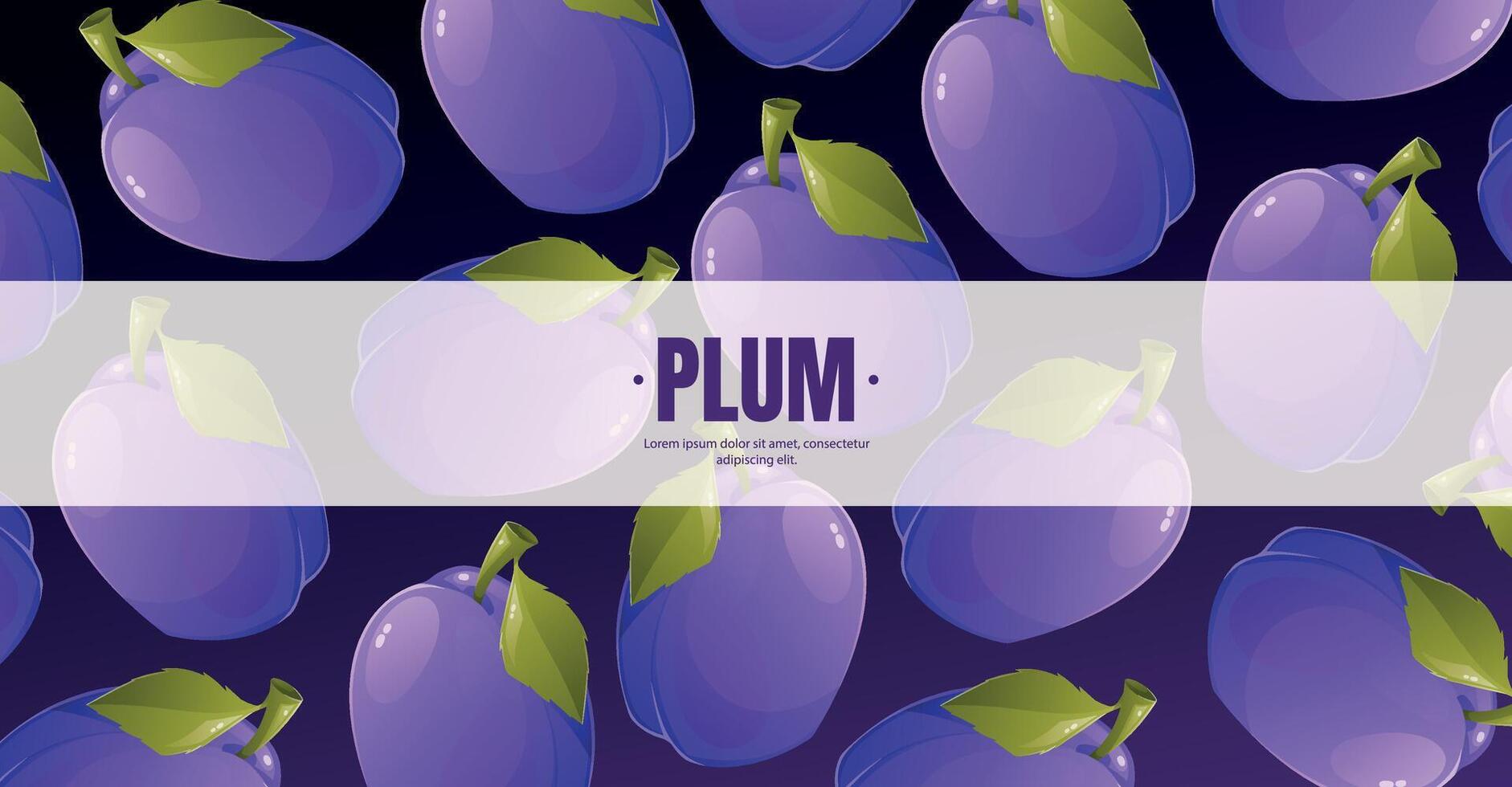 advertising flyer template with cartoon plum pattern. Tropical fruit exotic banner. vector