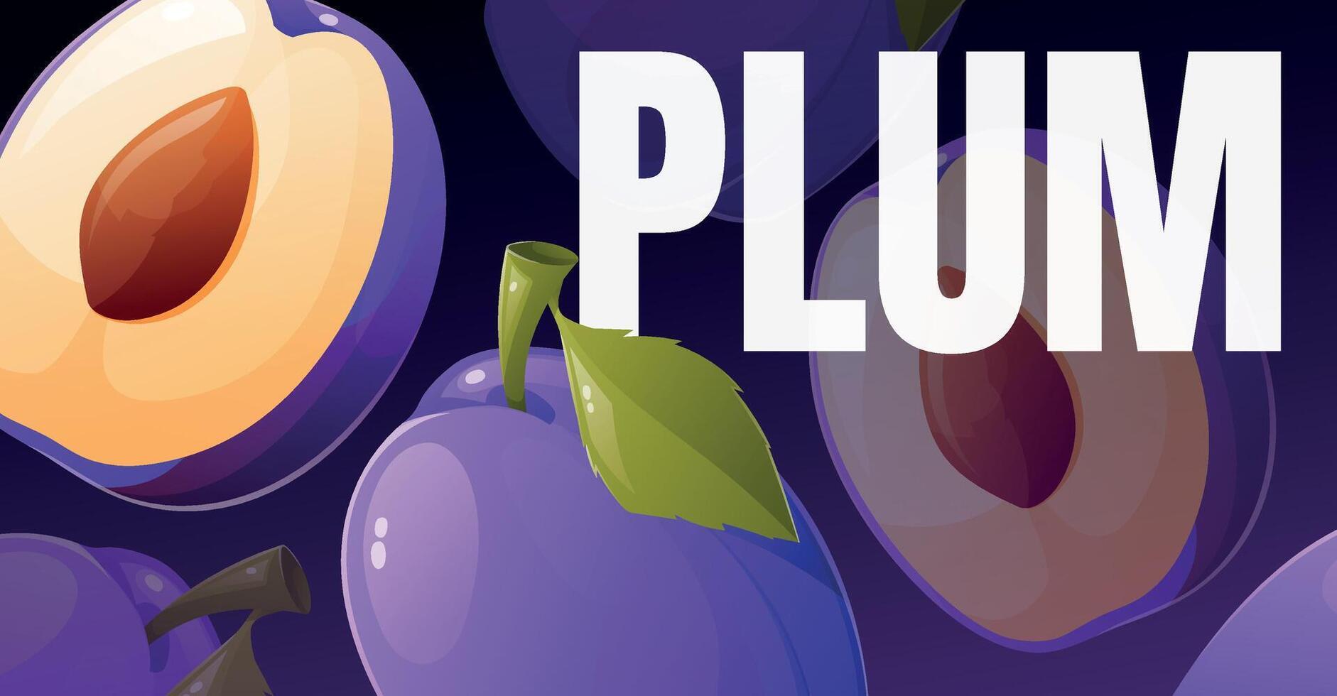advertising flyer template with cartoon plum pattern. Tropical fruit exotic banner. vector