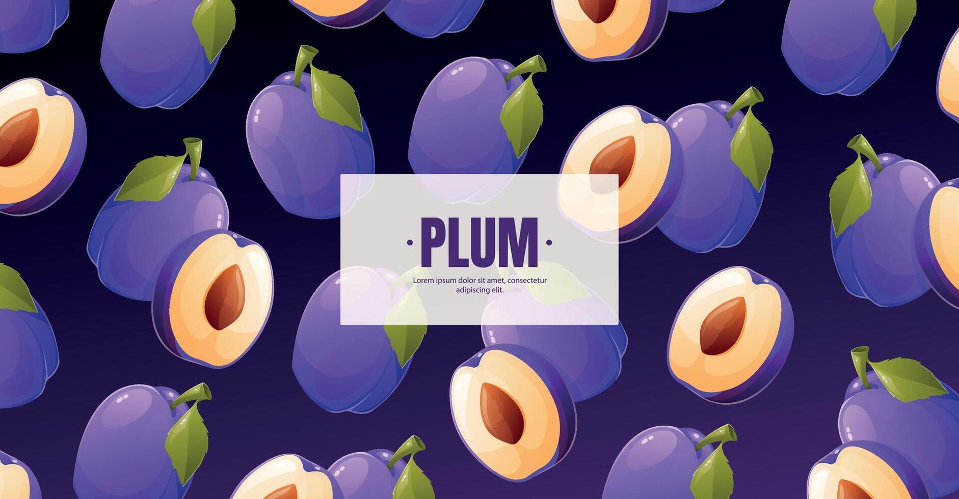 advertising flyer template with cartoon plum pattern. Tropical fruit exotic banner. vector