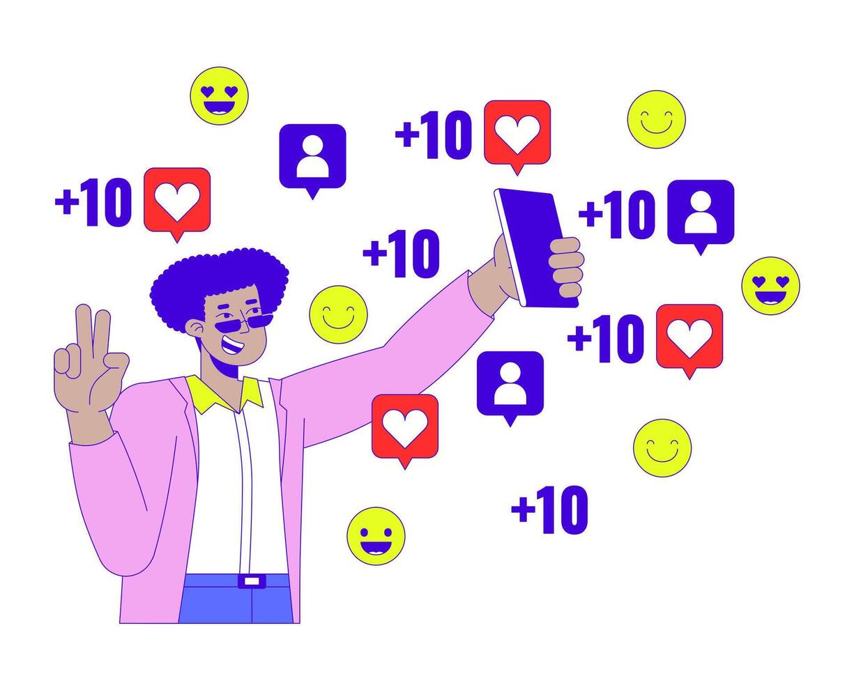 Influencer posing on phone camera for likes 2D linear cartoon character. Stylish latin american man peace fingers isolated line person white background. Streaming color flat spot illustration vector