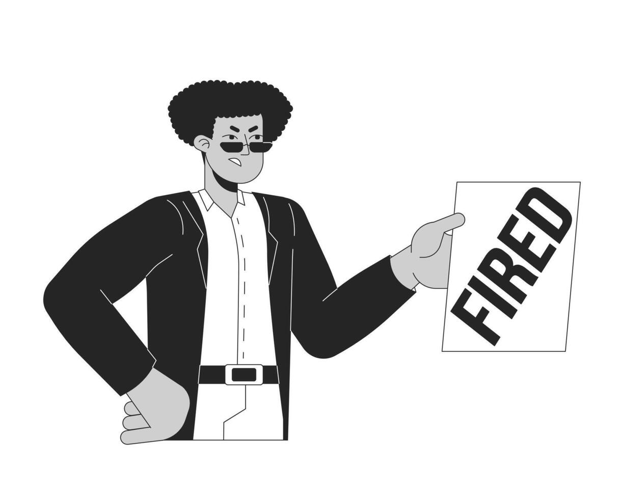 Angry hispanic man announcing firing black and white 2D line cartoon character. Latin male dismissing employees isolated outline person. Unemployment crisis monochromatic flat spot illustration vector