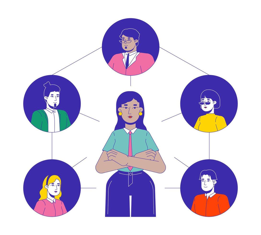 Coworkers communication 2D linear illustration concept. Female leader interacting with diverse team cartoon characters isolated on white. Network metaphor abstract flat outline graphic vector