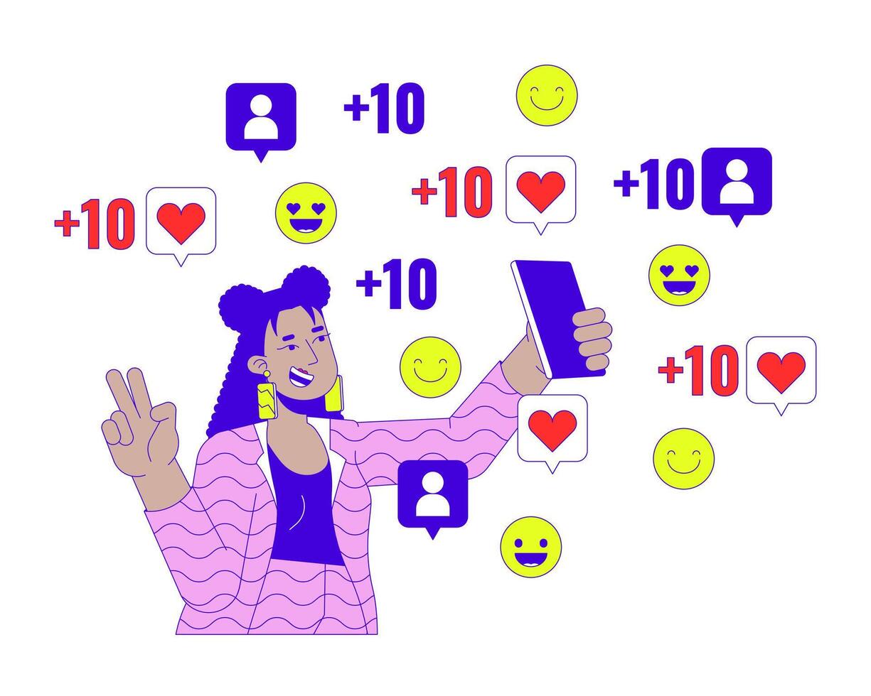 Blogger posing on smartphone camera for followers 2D linear cartoon character. Stylish latina woman victory fingers isolated line person white background. Gen z color flat spot illustration vector
