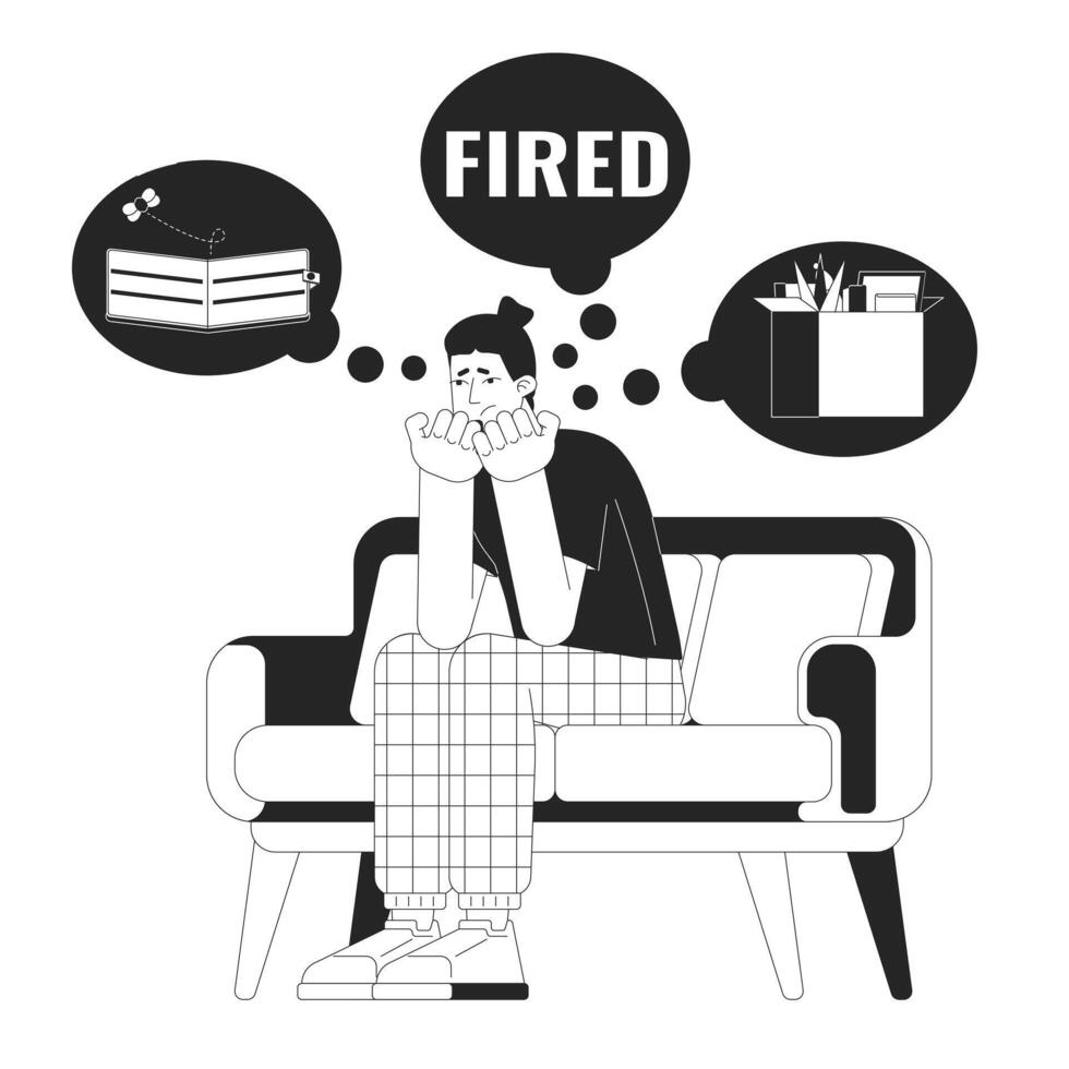 Caucasian man with obsessive thoughts black and white 2D line cartoon character. European man unemployed isolated outline person. Dismissed guy on sofa monochromatic flat spot illustration vector