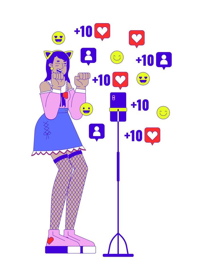 Kawaii female cosplayer in front of phone camera 2D linear cartoon character. Indian woman cosplay isolated line person white background. Dance for social media color flat spot illustration vector